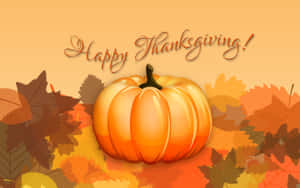 一個南瓜被秋葉包圍，並帶有「Happy Thanksgiving!」文字。