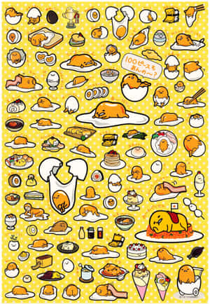 Gudetama 角色在黃色圓點背景上，躺在食物上休息。 — OnePlus Pad Go 2 壁紙