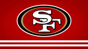 San Francisco 49ers NFL 美式足球隊標誌在帶有條紋的紅色背景上。
