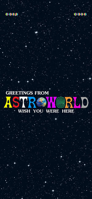 星空夜空，帶有色彩繽紛的AstroWorld問候文字和地球儀。