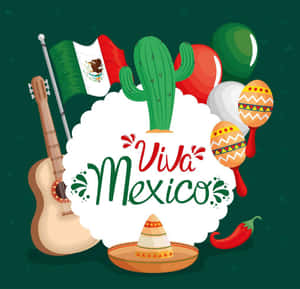 Viva Mexico 節日插圖，包含結他、仙人掌、沙槌、闊邊帽和辣椒。