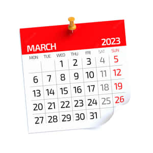 一張2023年3月日曆，用黃色圖釘固定在白色表面上。