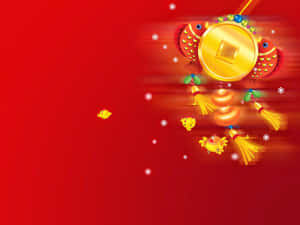 紅色背景上帶有金幣和魚的節日農曆新年裝飾。 — 中國新年 壁紙