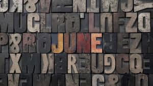 復古木製活字塊拼出 june，帶有磨損質感。