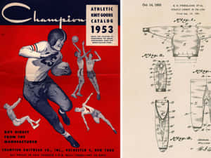 1953年Champion運動用品目錄封面與服裝專利圖紙並排。 — 4:3 壁紙