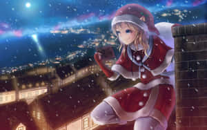 穿著聖誕老人服裝的動漫女孩在雪屋頂上，俯瞰夜晚發光的城市。