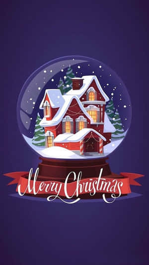 雪球內有紅色房子和雪下的樹木，並有「Merry Christmas」橫幅。