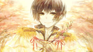 動漫男孩穿著金色長袍，手持櫻花枝，背景柔和粉彩。