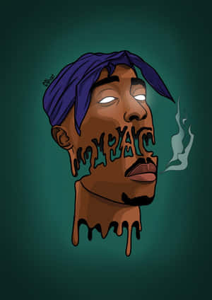 Tupac Shakur的數碼插圖，面容融化並冒煙，背景為藍綠色。
