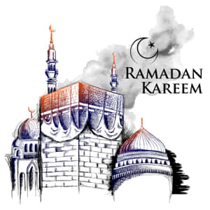 Ramadan Kareem 祝福語，附清真寺插圖和新月。 — 齋戒月 壁紙