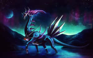 一隻發光的龍，擁有水晶翅膀，站在星空下的宇宙湖中。 — 型爆寵物小精靈 壁紙