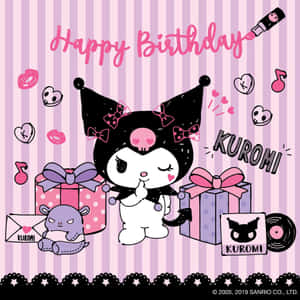 Kuromi 卡通角色在條紋背景上與禮物和音符一起慶祝生日。 — iPad 第10代 壁紙
