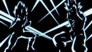 兩個剪影動漫戰士在黑色背景上用發光的能量光束交鋒。