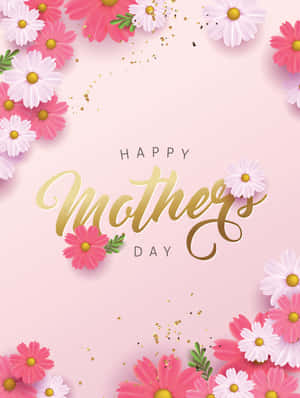 Happy Mothers Day 賀卡，帶有粉紅色和白色的雛菊和金色文字。