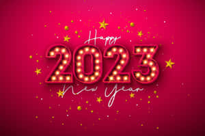 2023年新年快樂，以發光的紅燈、金色星星和五彩紙屑呈現。
