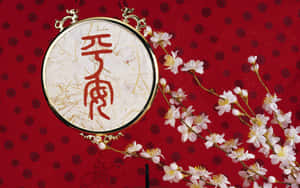紅色背景，帶有金框書法和櫻花 — 中國新年 壁紙
