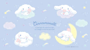 Cinnamoroll 在粉彩夜空繁星下睡在雲朵和月亮上。 — 低對比度 壁紙