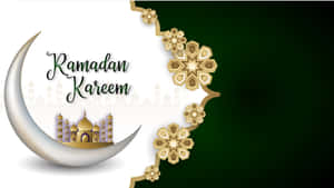 Ramadan Kareem 祝福語，新月、清真寺同金色花卉設計喺綠色背景上。 — 齋戒月 壁紙