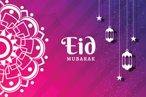 在紫色漸變背景上，帶有懸掛燈籠和星星的Eid Mubarak祝福。