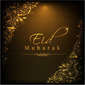 在深色背景上帶有裝飾性漩渦和光芒的金色Eid Mubarak祝福。