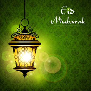 發光的燈籠，在綠色圖案背景上帶有Eid Mubarak文字。
