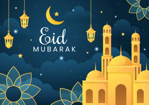 Eid Mubarak 祝福，金色清真寺和燈籠在新月下。
