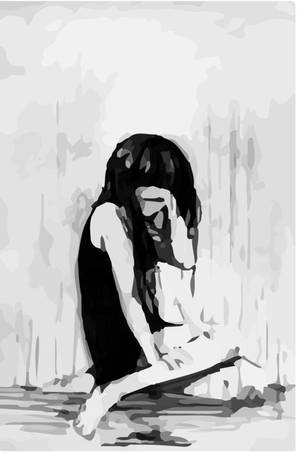 一位女性獨自坐在牆邊，以灰階數碼藝術呈現，低頭沉浸在悲傷中。
