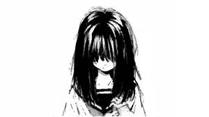 女孩長長深色頭髮遮住臉龐，極簡黑白插圖。 — 動漫女孩 壁紙