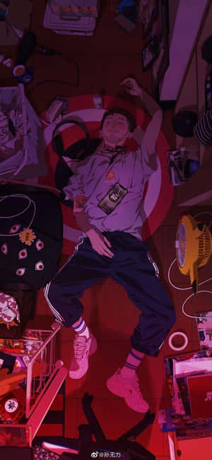 一個年輕男子在紅光房間的雜亂地板上睡覺。