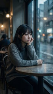 穿著灰色毛衣的年輕女子獨自坐在雨中的咖啡館望著窗外