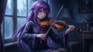 紫髮動漫女孩在室內雨窗前拉小提琴。