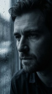 一個留鬍子的男人望向濺滿雨水的窗外，一幅陰沉的黑白肖像。
