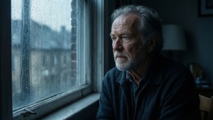 一位留著白鬍子的老人，在昏暗的房間裡看著雨水斑駁的窗外。