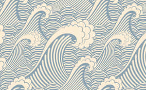 重複的風格化海浪以奶油色和藍色呈現，流暢的線條和泡沫般的浪尖。