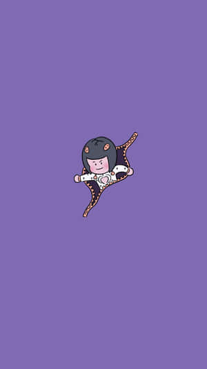 一個漂浮的卡通女孩，黑髮，心形圖案服裝，紫色背景