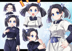 深色辮子、藍色眼睛的動漫女孩，穿著校服擺出各種姿勢。