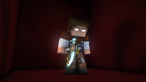 Minecraft角色在暗紅色房間中手持發光鑽石劍