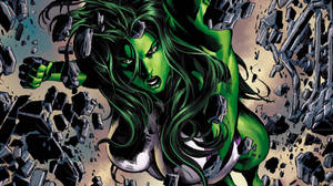 She-Hulk以兇猛的表情突破混凝土。 — 驚奇少女 壁紙