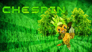 Chespin在草地上，有灌木叢和上方綠色文字。 — 莉貝·黑色五葉草 壁紙