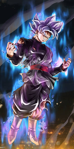 動漫角色悟空黑（Goku Black）以超級賽亞人桃紅形態被藍色能量包圍。