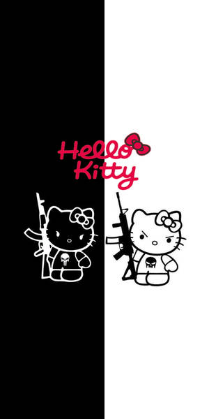 Hello Kitty 持步槍分開在黑白背景上，帶有紅色標誌。