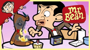 Mr Bean 對他冒煙的泰迪熊在桌子上與蛋糕一起爆炸作出反應。 — 卡通 壁紙