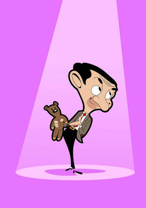 Mr Bean 喺聚光燈下抱住一隻泰迪熊，表情傻更更。
