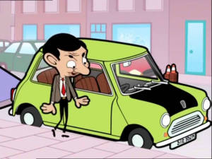 Mr. Bean 企喺佢架青檸綠色Mini Cooper旁邊，喺卡通城市場景中。