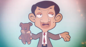 Mr Bean 抱著一隻表情驚訝的泰迪熊，柔和粉彩色調。