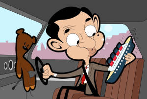 Mr Bean 駕駛汽車，手持玩具船，一隻泰迪熊掛在變速桿上。 — 反斗奇兵2 壁紙
