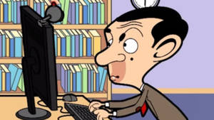 Mr Bean 在圖書館頭上頂著時鐘打字。