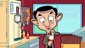 Mr Bean 在卡通店裡拿著一個有朱古力棒的雪糕筒。 — 雪糕 壁紙