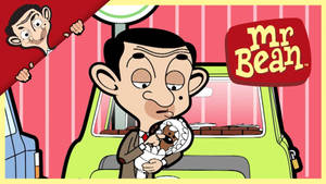 Mr Bean 喺綠色車入面抱住一個嬰兒公仔，卡通版喺紅色角落偷睇。
