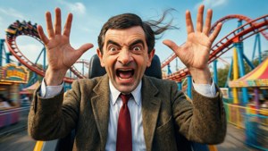 Mr Bean 在遊樂園的過山車上舉起雙手尖叫。